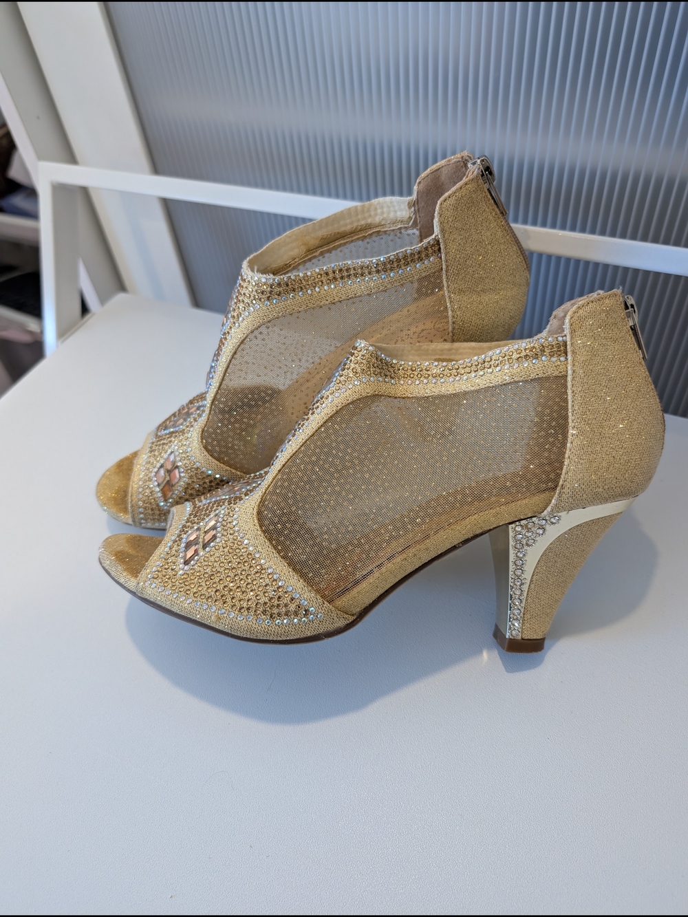Gold Embellished Peep-Toe Women's Heels - Picture 3 of 8